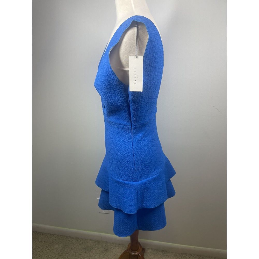 Sandro‎ Paris V Neck Fit To Flare Ruffle Dress Bright Blue Textured Size 1 NWT - Picture 2 of 16
